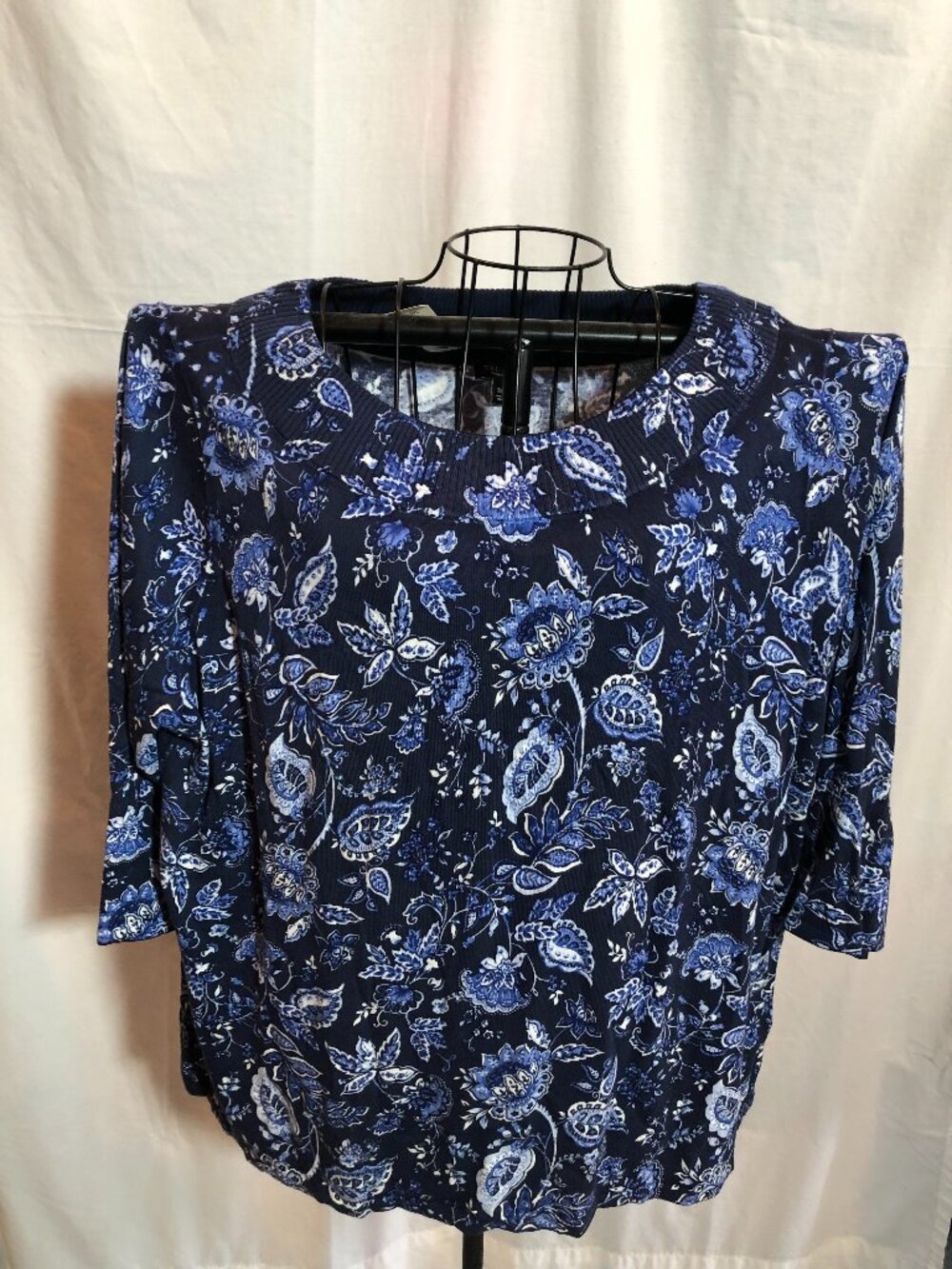 NWT Talbots Petites 3X Blue Floral 3/4 Sleeve Sweater 25" Pit to Pit - $99 MSRP